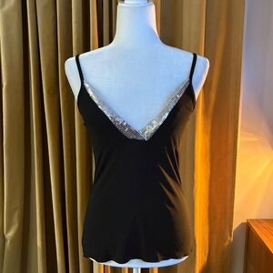 Vtg 90s Strawberry Black Sequin V-Neck Cami Top Spaghetti Strap Large